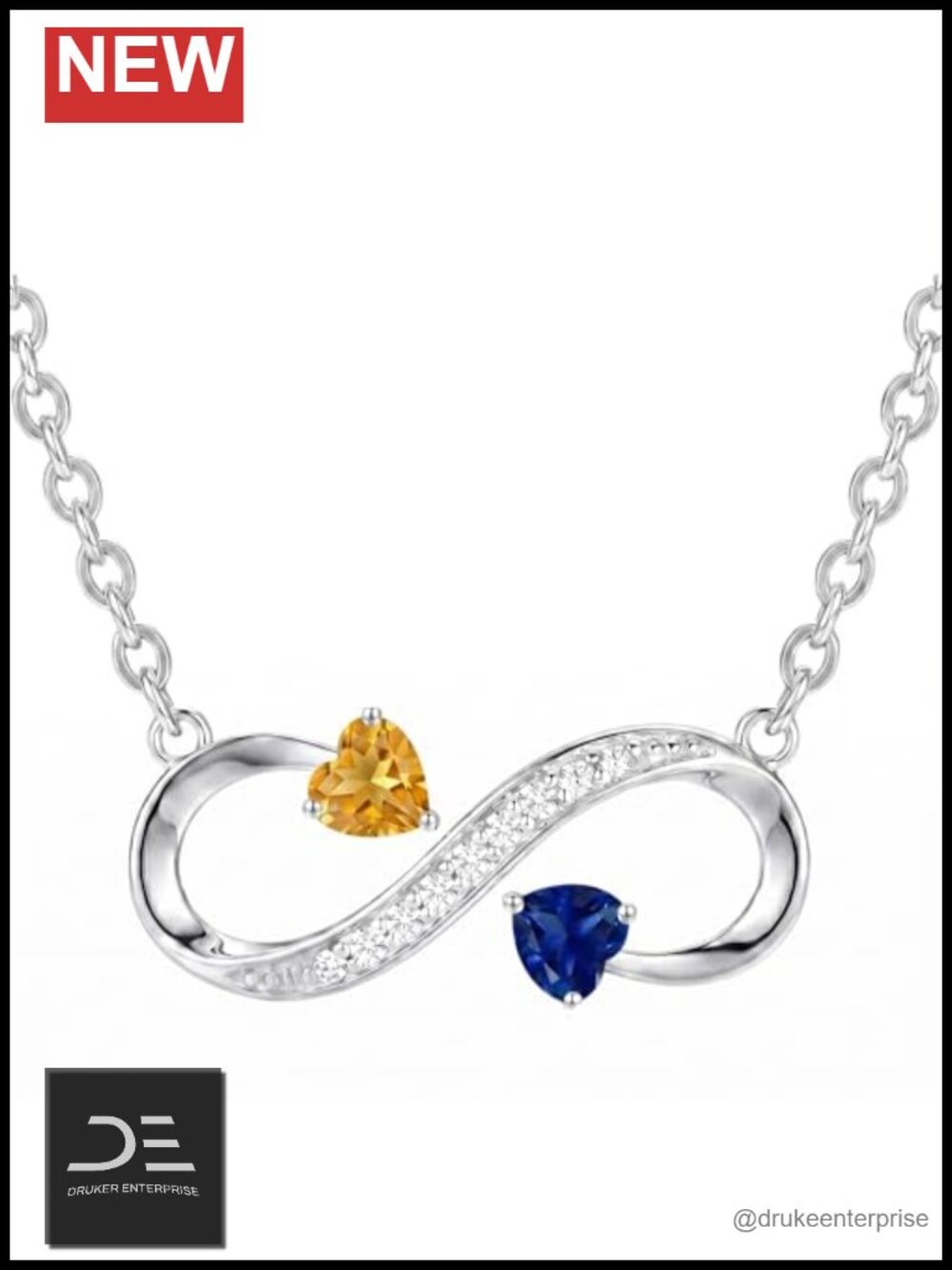 Two Birthstone Heart Infinity Pendant Necklace 18K White Gold Plated Adjustable